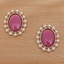 Medium Orchid Retro Alloy Cabochons, with Imitation Cat Eye and Pearl, Oval, Light Gold, Medium Orchid, 28x23mm