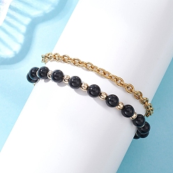 Обсидиан 2 шт. 2 стили круглых браслетов из натурального обсидиана и синтетического гематита и 304 браслетов-цепочек из нержавеющей стали для женщин, 7-7/8 дюйм (20 см)