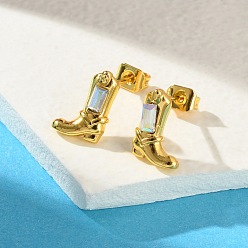 Shoes Серьги-гвоздики из латуни с микропаве из кубического циркония для женщин, реальный 18 k позолоченный, обуви, 11x8 мм