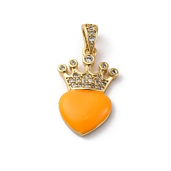 Dark Orange Brass Cubic Zirconia Pendants, with Enamel & Snap on Bail, Real 18K Gold Plated, Long-Lasting Plated, Lead Free & Cadmium Free, Heart & Crown, Dark Orange, 25x14.5x4mm, Snap on Bail: 3.5x7mm, Inner Diameter: 2.5x4mm