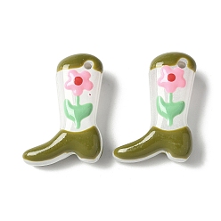Цвет Оливы Бусины из стеклянной эмали, окрашенные методом запекания, ботинок с цветком, оливковый, 24x17x8~8.5 мм, отверстие : 1.4 мм