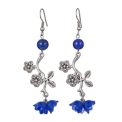 Dark Blue Natural Dyed Mashan Jade Flower with Acrylic Beaded Dangle Earrings, 304 Stainless Steel Long Drop Earrings, Dark Blue, 73x22mm