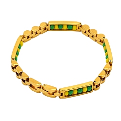 Real 18K Gold Plated 304 Stainless Steel & Plastic Beads Rectangle Link Chain Bracelets for Men, Green and Yellow, Real 18K Gold Plated, 8.27 inch(21cm)
