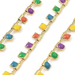 (52) Непрозрачная лаванда Латунные прямоугольные цепи, с эмалью, без кадмия, без никеля и без свинца, пайки, с катушкой, реальный 18 k позолоченный, долговечный, разноцветные, 4x1.5x0.7 мм, 10 м / рулон