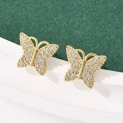 Бабочка Серьги-гвоздики из латунного микро-паве, стойки покрытие, долговечный, без кадмия и без свинца, реальный 18 k позолоченный, бабочка, 9.5x11 мм