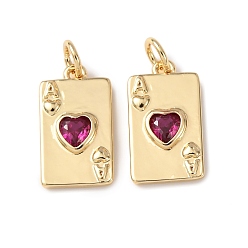Фуксин Латунь с кубическим цирконием подвеской, прелести игральных карт, без кадмия и без свинца, стойки покрытие, долговечный, с целью перехода в кольце, реальный 18 k позолоченный, фуксиново-красные, 16x9x2.5 мм, отверстие : 3 мм