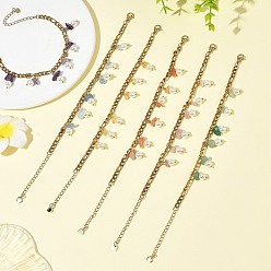 Mixed Stone Natural Gemstone Chip and Shell Pearl Beads Tassel 304 Stainless Steel Figaro Chain Bracelets, Golden, 6.89 inch(17.5cm)