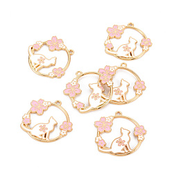 Pink Eco-Friendly Alloy Enamel Pendants, Cadmium Free & Lead Free & Nickel Free, Light Gold, Ring with Cat and Sakura, Pink, 30x31x2.5mm, Hole: 1.8mm