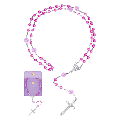 Violet Imitaiton Round Pearl with Resin Flower Rosary Bead Necklaces, Alloy Virgin Cross Pendant Necklaces, with 1Pc Velvet Jewelry Packing Pouches with Golden Tone Snap Button, Platinum, Violet, 27.56 inch(70cm)