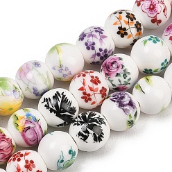 Mixed Color Mixed Styles Floral Printed Porcelain Beads Strands, Flower Patterned Round Ceramic Beads, Mixed Color, 9.5~10mm, Hole: 1mm, about 35pcs/strand, 12.7 inch