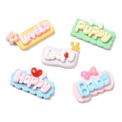 Mixed Color Opaque Resin Cartoon Word Cabochons, Rectangle, Mixed Color, 19.5~23x30~39x6.5~7.5mm
