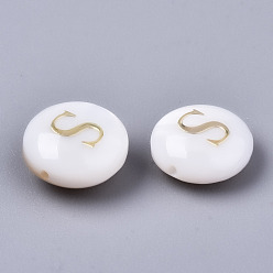 Letter S Natural Freshwater Shell Beads, with Golden Plated Brass Etched Metal Embellishments, Flat Round, Seashell Color, Letter.S, 8x3~5mm, Hole: 0.5~07mm