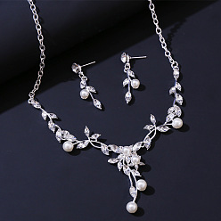 Кристалл Комплекты из ожерелий с подвесками из сплава листьев, страз и пластикового жемчуга и серег-гвоздиков, кристалл, 480 мм