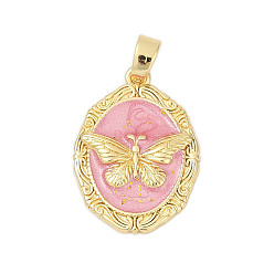 Бледно-Розовый Латунь эмаль подвески, овал с подвесками в виде бабочек, стойки покрытие, прочное покрытие, без кадмия и без свинца, реальный 18 k позолоченный, розовый жемчуг, 19.5x14x2.5 мм, отверстие : 3.5x3 мм