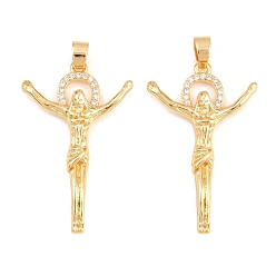 Real 18K Gold Plated Easter Brass Micro Pave Clear Cubic Zirconia Pendants, Jesus Halo Cross Charms, Real 18K Gold Plated, 38x23.5x4.5mm, Hole: 5x3mm