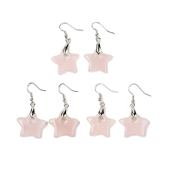 Розовый Кварц Серьги-подвески из натурального розового кварца, с латунными крючками для сережек, без свинца и без кадмия, звезда, 44x22.5 мм