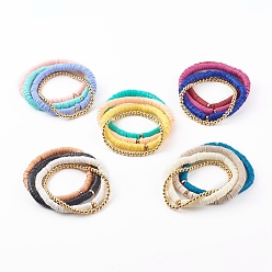 Mixed Color Stretch Beaded Bracelets Sets, with Handmade Polymer Clay Heishi Beads and Brass Round Beads, Golden, Mixed Color, Inner Diameter: 2-1/8 inch(5.3cm), 2-1/8 inch(5.4cm), 4pcs/set