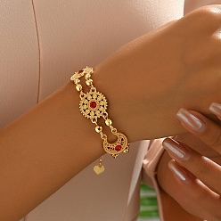 Красный Браслеты из сплава с микро-паве из кубических цирконий для женщин, плоский круг с цветком и луной, золотые, красные, внутренний диаметр: 7-1/4 дюйм (18.5 см)