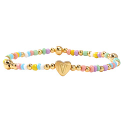 Letter V Summer Stainless Steel Heart Alphabet Colorful Glass Seed Beaded Stretch Bracelets for Women, Golden, Letter V, 6.89 inch(17.5cm)
