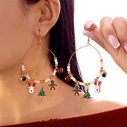 Золотой Серьги-подвески из сплава с эмалью в рождественской тематике, с пластиковой бисера, рождественская елка, золотые, 93x52 мм