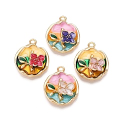 (52) Непрозрачная лаванда Стойки обшивки сплава эмали подвески, без кадмия, без никеля и без свинца, золотой свет, плоская круглая с подвеской в виде цветка, разноцветные, 23.5x19.5x5.5 мм, отверстие : 1.6~2 мм