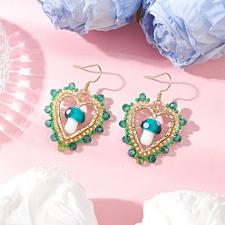 Лайм Серьги-подвески в форме сердца с грибом ручной работы в технике лэмпворк, с круглыми стеклянными бусинами класса А и подвесками из сплава с открытым оправой, гальванизированными стеклянными бусинами и 304 крючками для сережек из нержавеющей стали, золотые, желто-зеленые, 45x31.5 мм