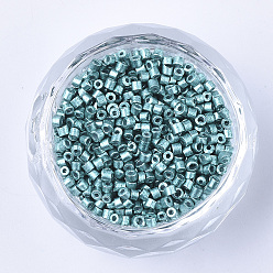 Light Sea Green Glass Cylinder Beads, Seed Beads, Metallic Colours, Round Hole, Light Sea Green, 1.5~2x1~2mm, Hole: 0.8mm, about 8000pcs/bag, about 85~95g/bag