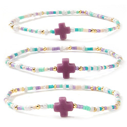 Фиолетовый 3 Браслет из эластичной ткани с подвеской в виде богемного креста, выполненный из стеклянных и латунных бусин, для женщин., фиолетовые, 6.50 дюйм (16.5 см)