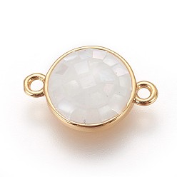 Floral White Brass Enamel Links, with Freshwater Shell, Flat Round, Golden, Floral White, 14.5x10x3.5mm, Hole: 1.2mm