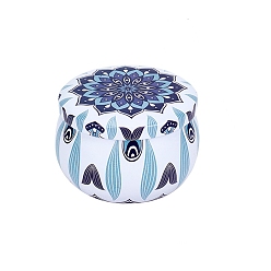 Sky Blue Printed Tinplate Storage Box, for Jewelry & Aromatherapy Candle & Candy Box, Flower Pattern, Sky Blue, 7.7x5cm