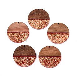 Темно-Красный Подвески из непрозрачной смолы и орехового дерева, плоские круглые прелести, с блестящей пудрой и золотой фольгой, темно-красный, 38x3~4 мм, отверстие : 2 мм
