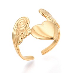 Настоящее золото 18K Регулируемое ионное покрытие (IP) 304 манжеты из нержавеющей стали для женщин, крыло и сердце, реальный 18 k позолоченный, 18 мм, размер США 7 1/4 (17.5 мм)