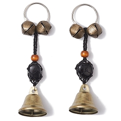 Античная Бронза Плетеный нейлоновый мешочек с подвесками из натурального обсидиана, украшения, Железный колокольчик и кисточка из деревянных бусин для украшения дверных подвешиваний, античная бронза, 150 мм
