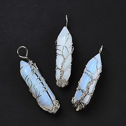 Опал Опалитные большие остроконечные подвески, Медная проволока платинового тона, обернутая, без кадмия и без свинца, пуля, 50.5x14.5x12 мм, отверстие : 5.5 мм