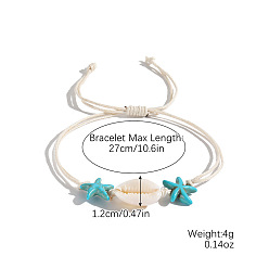 Бирюза Плетеные браслеты из бусин из натуральных ракушек и синтетической бирюзы для женщин, морская звезда и форма раковины, бирюзовые, 10-5/8 дюйм (27 см)