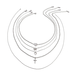 Stainless Steel Color 5Pcs 5 Style Heart & Bowknot & Cross Clear Cubic Zirconia Pendant Necklaces Set, 304 Stainless Steel Cable & Ball Chains Stackable Necklaces for Women, Stainless Steel, 15.39~23.62 inch(39.1~60cm), 1Pc/style