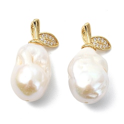 Золотой Подвески из натурального барочного жемчуга кеши, самородки прелести, с латунными микропаве и прозрачными фианитами в форме листа, зажимами для крепления., цветочный белый, золотые, 25x12.5~13x11 мм, отверстие : 4x2 мм