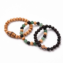 Green Aventurine Stretch Bracelets Sets, with Natural Bodhi Beads, Natural Wooden Beads & Green Aventurine Beads, Inner Diameter: 2-1/4 inch(5.7cm), 3pcs/set