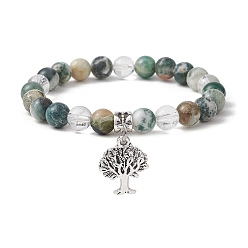 Древесный агат Эластичные браслеты из натурального древесного агата с круглыми бусинами, Женские браслеты с подвесками из сплава «Древо жизни», внутренний диаметр: 2-1/4 дюйм (5.6 см)