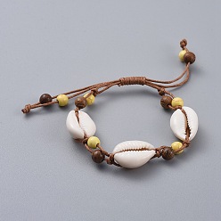 Желтый Регулируемый вощеный браслет из бисера, с синтетическими бирюзовыми (крашеными) бусинами, раковина каури и деревянные бусы, желтые, 1-1/8 дюйм ~ 3-3/8 дюйм (3~8.6 см)
