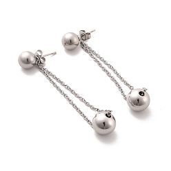 Stainless Steel Color Tarnish Resistant Long Chain with Round 201 Stainless Steel Dangle Stud Earrings, 304 Stainless Steel Drop Earrings for Women, Stainless Steel Color, 57x8mm, Pin: 0.7mm