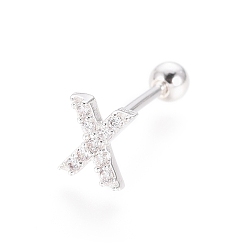 Letter X Boucles d'oreilles en argent sterling plaqué rhodium, micro pavé, zircone cubique transparente, haltère, cartilage, letter.x, 925mm, pin: 5.5x5x1.5 mm