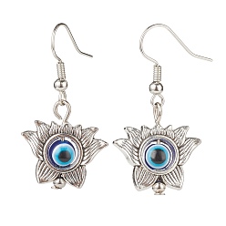 Antique Silver Alloy Lotus with Resin Evil Eye Dangle Earrings, Brass Jewelry for Women, Antique Silver, 37mm, Pin: 0.6mm