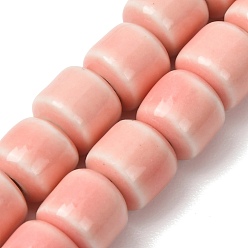 Pink Cuentas de porcelana hechas a mano, porcelánico esmaltado brillante, barril, rosa, 10x10 mm, agujero: 3 mm, sobre 40 unidades / cadena, 14.96'' (38 cm)