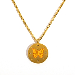 Настоящее золото 18K Ионное покрытие(ip) подвески из нержавеющей стали ожерелья, плоские круглые с бабочкой, реальный 18 k позолоченный, 17.72 дюйм (45 см)