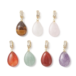 Золотой Подвески из натурального аметиста, розового кварца, красного агата, зеленого авантюрина и тигрового глаза., Подвески в форме капли с латунными микропаве из прозрачных кубических цирконий в качестве застежек., золотые, 30 мм, отверстие : 6x4 мм