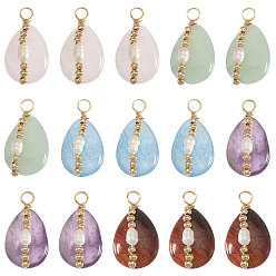 Золотой 15 шт. 5 цвета подвески в форме слезы из натурального аметиста, брекчиевидной яшмы, зеленого авантюрина, розового кварца и аквамарина, обмотанной медной проволокой, с натуральным культивированным пресноводным жемчугом, золотые, 23.5~24x13x9 мм, отверстие : 3.5 мм, 3 шт / цвет