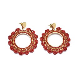 (123L) Белый крем непрозрачный блеск Серьги из бисера ручной работы плетеные из стекла, с 304 выводами из нержавеющей стали и ушными гайками / серьгой назад, цветок, золотые, огнеупорный кирпич, 54 мм , штифт: 0.6 мм