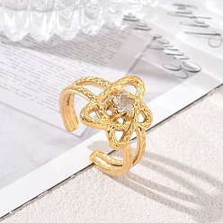 Star 304 Stainless Steel Pave Cubic Zirconia Cuff Open Rings, Golden, Star, 16mm, US Size 6 3/4(17.1mm)