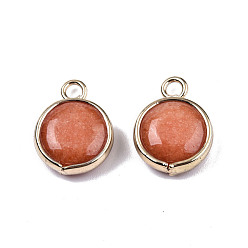 Chocolate Natural White Jade Pendants, with Light Gold Tone Brass Edge, Dyed & Heated, Flat Round Charm, Chocolate, 17.5x13x6mm, Hole: 2.5mm